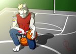  2010 ashdragonfire athlete balls basketball basketball_court blonde_hair blue_eyes canine canine_penis digitigrade ear_tufts erection exposed fondling hair jeans kneeling knot looking_at_viewer male muscles outside penis public rainbow smile solo tank_top tattoo undressed wolf 