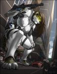  building buildings bullpup car crowd eyewear feline female futuristic glasses gun leopard macro mammal plantigrade ranged_weapon solo_focus strype suit weapon 