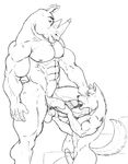  abs ball_fondling balls big_balls big_penis black_and_white canine fox gay licking male monochrome muscles oral penis rhino tongue 