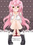  bad_id bad_pixiv_id glasses juna original pink_hair sitting skirt solo yellow_eyes 