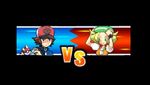  1girl artist_request baseball_cap bel_(pokemon) blonde_hair hat holding holding_poke_ball pixel_art poke_ball poke_ball_(generic) pokemon pokemon_(game) pokemon_battle pokemon_bw pokemon_trainer touya_(pokemon) vs 