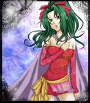  breasts cape detached_sleeves female final_fantasy final_fantasy_vi green_eyes green_hair long_hair ponytail red_ribbon ribbon rui_rinko solo tina_branford 