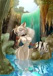  angello_cauich bathing blue_eyes breasts canine collar female fox nude reflection solo water waterfall 