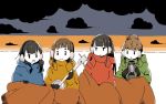  4girls bangs black_gloves black_hair blanket blue_coat blunt_bangs brown_hair cloud coat gloves green_coat instrument kobuchizawa_shirase long_hair long_sleeves miyake_hinata multiple_girls no_nose red_coat shiraishi_yuzuki sora_yori_mo_tooi_basho tamaki_mari tameikirakuda yellow_coat 