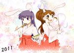  animal_ears brown_eyes brown_hair bunny_ears food japanese_clothes long_hair miko multiple_girls new_year ponytail purple_eyes purple_hair sch takoyaki taneshima_popura tsurime working!! yamada_aoi 