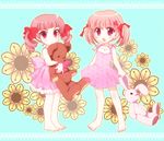  barefoot bear blush brown_eyes brown_hair bunny child drill_hair feet flower fukuzawa_yumi hug maria-sama_ga_miteru masuyama_kei matsudaira_touko multiple_girls open_mouth smile stuffed_animal stuffed_bunny stuffed_toy teddy_bear twintails 