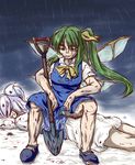  blood cigarette daiyousei green_eyes green_hair green_panties letty_whiterock long_hair merri multiple_girls old panties pantyshot pantyshot_(sitting) ribbon shovel side_ponytail sitting snow torn_clothes touhou underwear wings 