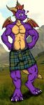  &hearts; dragon flameydragwasp grin gut hindpaw horns kilt looking_at_viewer male not_a_skirt purple reptile scalie solo spyro spyro_the_dragon tail 