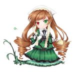  bad_id bad_pixiv_id blush bow brown_hair chibi dress drill_hair frills full_body green_eyes hairband heterochromia long_hair mtyy red_eyes ribbon rozen_maiden smile solo standing suiseiseki transparent_background very_long_hair watering_can 