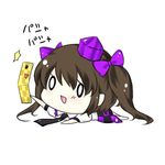  :d brown_hair cellphone checkered chibi hat himekaidou_hatate lowres necktie open_mouth phone smile solo tokin_hat touhou twintails 