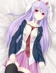  animal_ears between_breasts black_legwear blazer blush breasts bunny_ears cleavage jacket large_breasts necktie no_bra open_clothes open_shirt purple_hair red_eyes red_neckwear reisen_udongein_inaba shirt skirt solo thighhighs touhou umeo_retto 