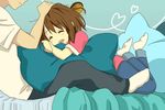  1girl artist_request bed blush brown_hair closed_eyes hair_brush heart hirasawa_yui k-on! open_mouth pillow short_hair smile solo_focus source_request 