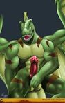  anthro ball_fondling balls biceps big_muscles big_penis blue_eyes body_markings claws dragon erection fangs green green_body green_dragon grey_background looking_at_viewer male markings muscles nexus nude pecs penis plain_background pose presenting reptile scales scalie sheath sitting solo stripes thick_penis vein wings 