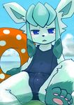  blue_eyes blush bulge eeveelution glaceon hindpaw kemoisumi male nintendo one-piece_swimsuit pawpads paws pok&#233;mon pok&#233;morph pok&eacute;mon school_swimsuit solo swimsuit video_games water 