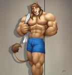  anthro biceps big_muscles bodybuilder braford clothing feline huge_muscles leolion13 lion male mammal muscles nipples pecs pose shorts solo tail topless towel 