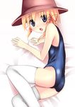  akesaka_iku blonde_hair hat lying moriya_suwako on_side one-piece_swimsuit purple_eyes school_swimsuit solo swimsuit thighhighs touhou white_legwear 