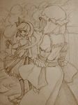  bad_id bad_pixiv_id coco_maru from_behind ghost jpeg_artifacts katana konpaku_youmu konpaku_youmu_(ghost) light_smile monochrome multiple_girls saigyouji_yuyuko short_hair sketch standing sword touhou traditional_media weapon 