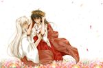  1girl animal_ears bad_id bad_pixiv_id borrowed_garments closed_eyes couple dog_ears flower hand_on_headwear happy head_wreath hetero higurashi_kagome hinagiku_(hina-asap) inuyasha inuyasha_(character) japanese_clothes laughing long_hair miko wreath 