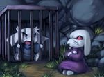  angry blue blue_eyes cage cave_story clothed female king_(cave_story) lagomorph male mimiga open_mouth purple purplekecleon rabbit red_eyes scar sue_sakamoto white yelling 