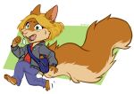  ashnard big_tail blonde_hair brown_fur chibi clothing ethriol fur green_eyes hair hoodie male mammal messenger_bag multicolored_fur rodent running sciurid shirt simple_background tan_fur tree_squirrel two_tone_fur 