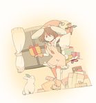  animal_ears bell boots brown_hair bunny bunny_ears carrot curtains gift gloves hat inaba_tewi jewelry koukou_(climacool) one_eye_closed pendant santa_hat solo touhou window 