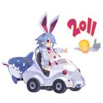  2011 animal_ears blue_hair blush bunny bunny_ears bunnysuit car disgaea driving ground_vehicle harada_takehito jacket motor_vehicle open_mouth original pleinair pointing pointy_ears red_eyes revision same-san shark short_hair stuffed_animal stuffed_shark stuffed_toy sun sunset usagi-san very_short_hair 