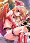 absurdres bell belly belt bikini_top blonde_hair blue_eyes blush boots breasts christmas cleavage coat garters gift grin hat highres holding holding_gift komatsu_eiji long_hair looking_at_viewer medium_breasts midriff miniskirt navel open_clothes open_coat original santa_costume santa_hat sitting skirt smile solo undressing 