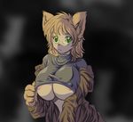  areola artist_request bb big_breasts breasts clothing eyewear female furry glasses green_eyes hataraki_ari large_breasts nipples paws solo source_request tight_clothing turtleneck under_boob underboob undressing unknown_artist 