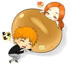  1girl artist_request bleach blush bread chibi eating food heart inoue_orihime kurosaki_ichigo miniboy minigirl sleeping spoken_heart zzz 
