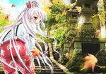  autumn bad_id bad_pixiv_id day fujiwara_no_mokou hajike_akira leaf leaning_forward looking_back outdoors pants solo stairs stone_lantern suspenders touhou 