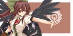  arm_cannon bad_id bad_pixiv_id black_wings bow breasts brown_eyes brown_hair cape green_bow hair_bow kouda_hayato_(e-gis) large_breasts long_hair magic_circle ponytail reiuji_utsuho smile solo third_eye touhou upper_body weapon wings 