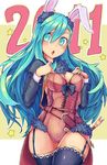  animal_ears belt blue_eyes blue_hair bow breasts bunny_ears cleavage curvy garter_belt large_breasts new_year original ros solo thighhighs wide_hips 