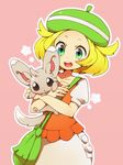  bag bel_(pokemon) blonde_hair fujisaki_(hjsk) gen_5_pokemon green_hair hat hug hug_from_behind minccino pokemon pokemon_(creature) pokemon_(game) pokemon_bw 