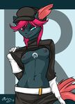  anthro breasts clothing feline female gloves hair heterochromia looking_at_viewer mammal mingchee mustelid navel nintendo nipple_piercing nipples piercing pink_hair pok&#233;mon pok&#233;morph pok&eacute;mon pok&eacute;morph shirt shirt_lift sneasel solo team_rocket teasing video_games 