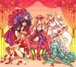  amano_(tsubakicome) blonde_hair blue_eyes boots cowboy_hat crossed_legs dress flower garters grey_hair gun hat high_heels long_hair macross macross_frontier macross_frontier:_itsuwari_no_utahime midriff multiple_girls multiple_persona navel pantyhose purple_hair purple_legwear sheryl_nome shoes sitting thighhighs weapon western 