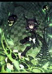  black_hair black_rock_shooter chain checkered checkered_floor dead_master green_eyes grin highres horns letterboxed north_abyssor scythe shorts skull smile solo weapon 