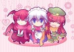  :d ^_^ bad_id bad_pixiv_id bat_wings beret blue_eyes book braid chibi closed_eyes fuupu hat head_wings heart hong_meiling izayoi_sakuya koakuma maid maid_headdress multiple_girls open_mouth red_hair scarf shared_scarf side_slit silver_hair smile star touhou twin_braids wings wrist_cuffs 