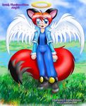  angel background blue_eyes canine cub cute fox hair halo jamesfoxbr kitsune looking_at_viewer male multiple_tails open_mouth red red_hair short_hair shota sky solo standing tail uriel wings 