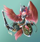  braid feathered_wings feathers harpy long_hair monster_girl naik original pink_hair purple_eyes shield solo sword weapon wings 