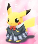  blush clothed_pokemon cosplay crossdressing gen_1_pokemon jacket necktie no_humans pemyu pikachu plaid plaid_skirt pleated_skirt pokemon pokemon_(creature) ribbon school_uniform skirt 