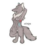  1993 arm_behind_head bush canine chest_fluff female fur_markings hi_res lance_rund looking_at_viewer nude solo standing wolf 