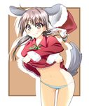  animal_ears bad_id bad_pixiv_id brown_eyes brown_hair dog_ears dress dress_lift gertrud_barkhorn hajime_(kin'you_club) hat hat_removed headwear_removed long_hair navel panties santa_hat solo strike_witches surprised tail twintails underwear undressing wavy_mouth world_witches_series x_arms 