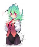  animal_ears bad_id bad_pixiv_id black_legwear bunny_ears bunny_tail bunnysuit dress_shirt goose_h green_hair kazami_yuuka necktie pantyhose plaid plaid_vest red_eyes red_neckwear shirt short_hair solo tail touhou vest wading water 