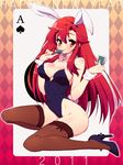  animal_ears bare_shoulders blush bow bowtie breasts bunny_ears bunny_girl bunnysuit card card_(medium) chinese_zodiac cleavage hair_down high_heels holding holding_card large_breasts legs long_hair new_year pandaki_(aki) playing_card red_hair shoes sideboob solo tengen_toppa_gurren_lagann thighhighs thighs year_of_the_rabbit yellow_eyes yoko_littner 