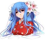  akeome blue_hair blush dizzy flower guilty_gear hair_flower hair_ornament happy_new_year japanese_clothes kimono lily_(flower) long_hair new_year nt50 red_eyes smile solo upper_body 