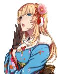  1girl alternate_costume blonde_hair blue_eyes blue_kimono brown_gloves evelysse_(star_ocean) eyebrows_visible_through_hair flower gloves hair_flower hair_ornament highres japanese_clothes kimono long_hair looking_at_viewer new_year open_mouth sblack solo star_ocean star_ocean_anamnesis upper_body 