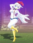  avian background bandanna beak bird blue_eyes breasts chicken claws clothing cute detailed_background feathers female jessica_elwood looking_at_viewer plantigrade shorts smile solo suspenders thick_thighs wings 