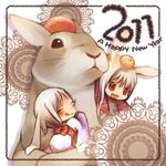  :q animal_ears brown_hair bunny bunny_ears closed_eyes food fruit japanese_clothes kimono mandarin_orange multiple_girls new_year nigo object_on_head orange original red_eyes tongue tongue_out 