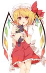  bad_id bad_pixiv_id blonde_hair blush cat flandre_scarlet hat highres ichihashi red_eyes short_hair side_ponytail solo stuffed_toy touhou 