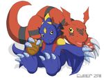  claws cyber_zai digimon food guilmon monodramon orange_eyes plain_background scalie white_background yellow_eyes 